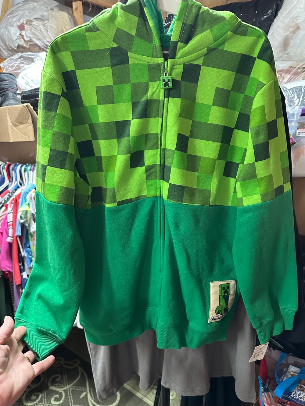 Kids Green Pixel-Pattern Hoodie with Creeper Zip Pull